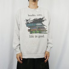 画像2: Edward Gorey USA製 "books.cats." 本×ねこ プリントTシャツ L (2)