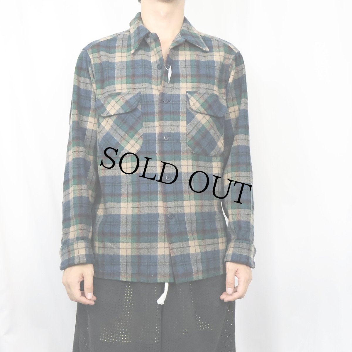 画像2: 70's PENDLETON USA製 チェック柄 ウールオープンカラーシャツ M (2)