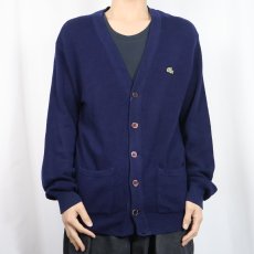 画像2: 70〜80's CHEMISE LACOSTE FRANCE製 ロゴ刺繍 ウールニットカーディガン NAVY (2)
