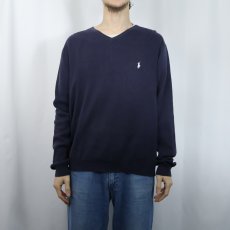 画像2: POLO Ralph Lauren ロゴ刺繍 ピマコットン Vネックニットセーター NAVY L (2)