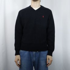 画像2: POLO Ralph Lauren ロゴ刺繍 Vネック ラムウールニットセーター BLACK S (2)
