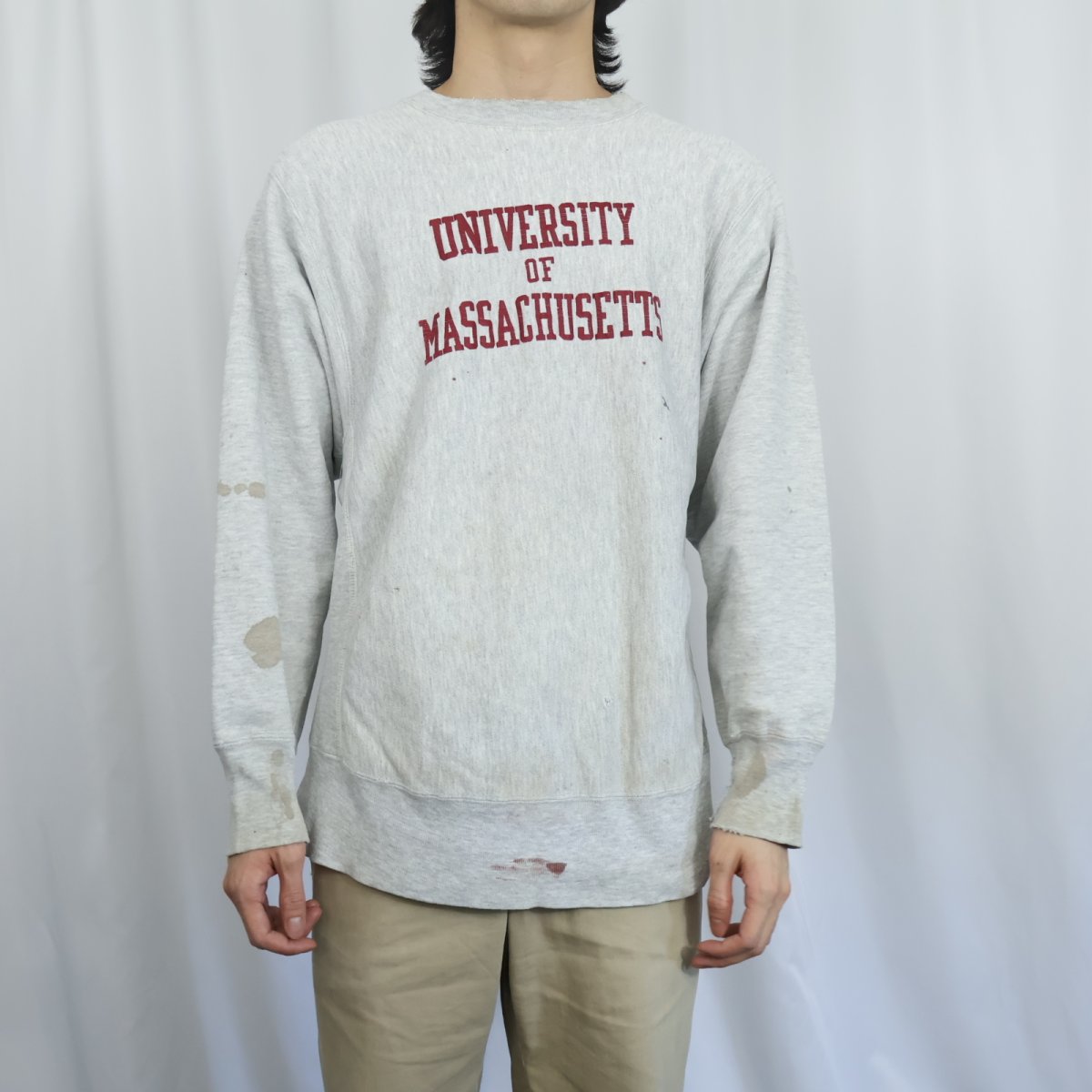 画像2: 80's Champion REVERSE WEAVE USA製 トリコタグ "UNIVERSITY OF MASSACHUSETTS" プリントスウェット L (2)