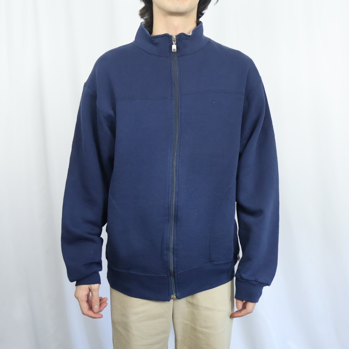 画像2: 90's RUSSELL ATHLETIC USA製 ハイネック 無地スウェットジップジャケット NAVY M (2)