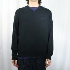 画像2: POLO Ralph Lauren ロゴ刺繍 "PIMA COTTON" Vネック コットンニットセーター BLACK L (2)