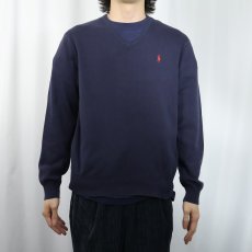 画像2: POLO Ralph Lauren ロゴ刺繍 "PIMA COTTON" Vネック コットンニットセーター NAVY L (2)