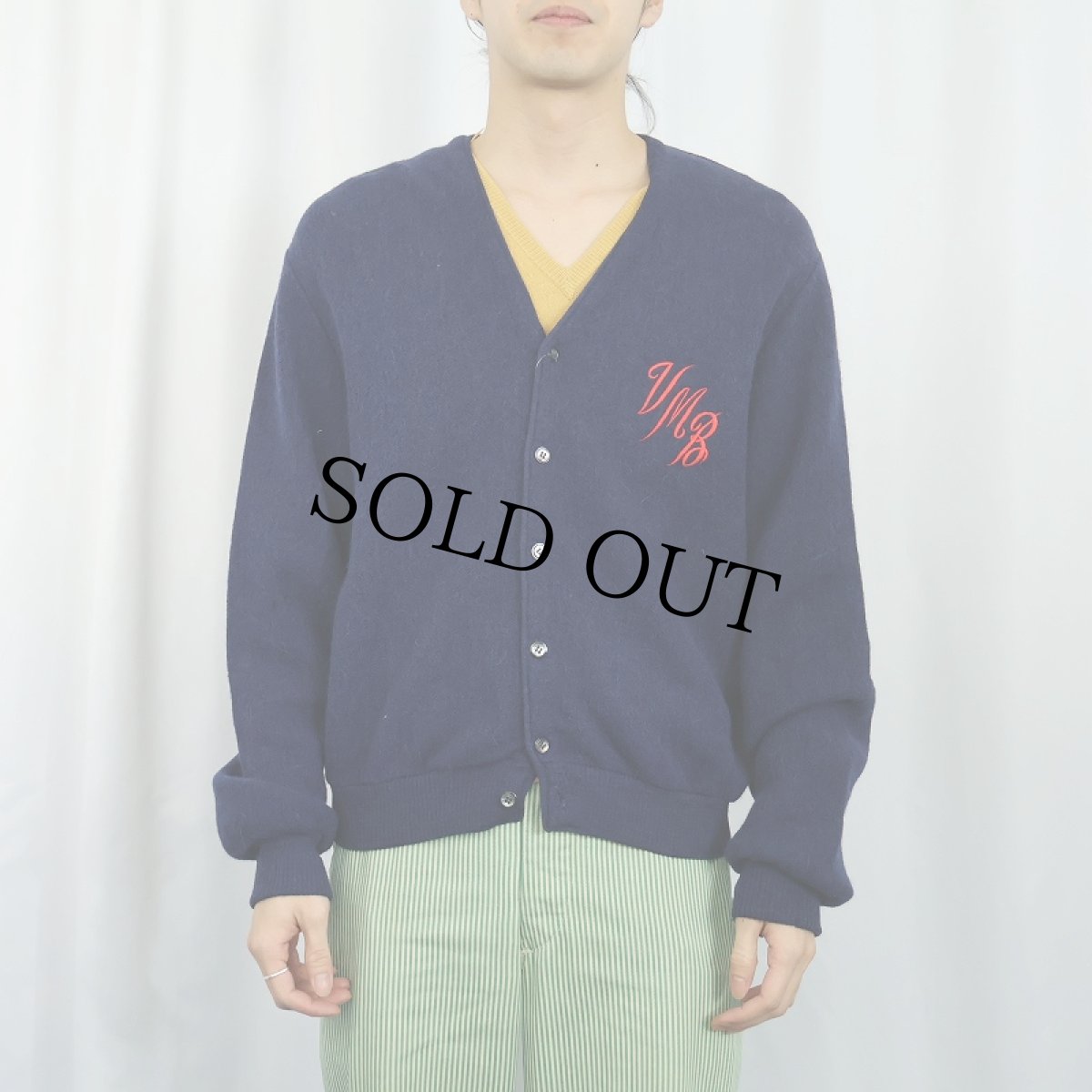画像2: 60〜70's ROBERT BRUCE×ARNOLD PALMER "VMB" 刺繡入り アルパカウール ニットカーディガン NAVY L (2)