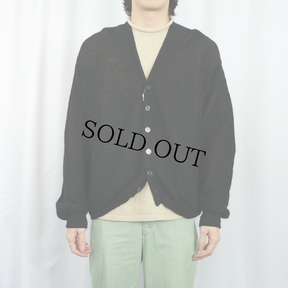 画像2: 60〜70's ROGER KENT アルパカウール ニットカーディガン BLACK L (2)