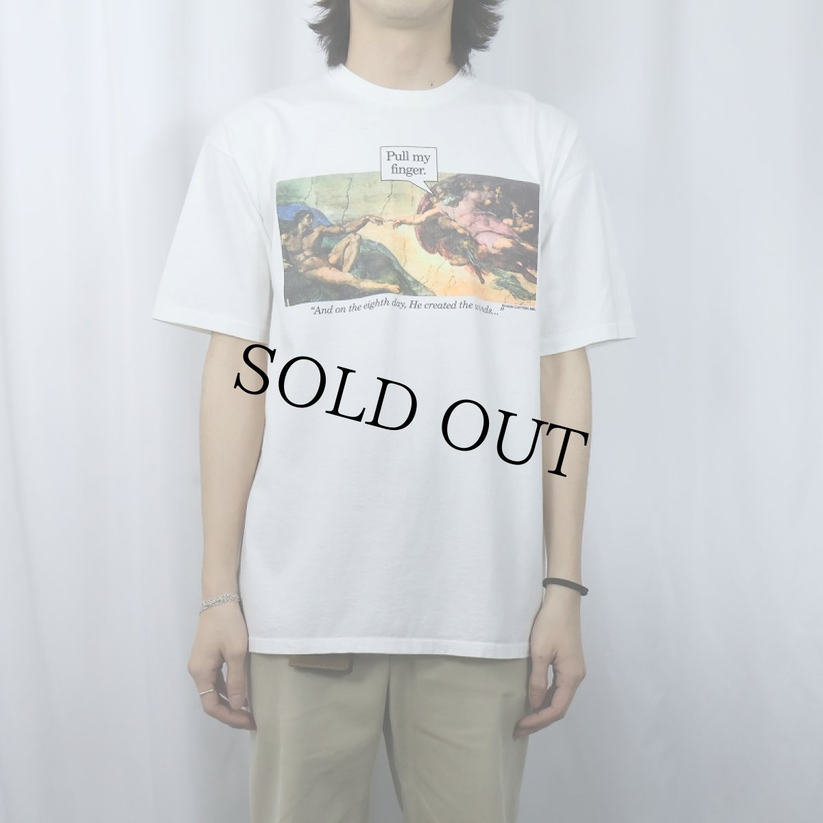 画像2: 90's Michelangelo アダムの創造 USA製 "Pull my finger." パロディプリントTシャツ L (2)