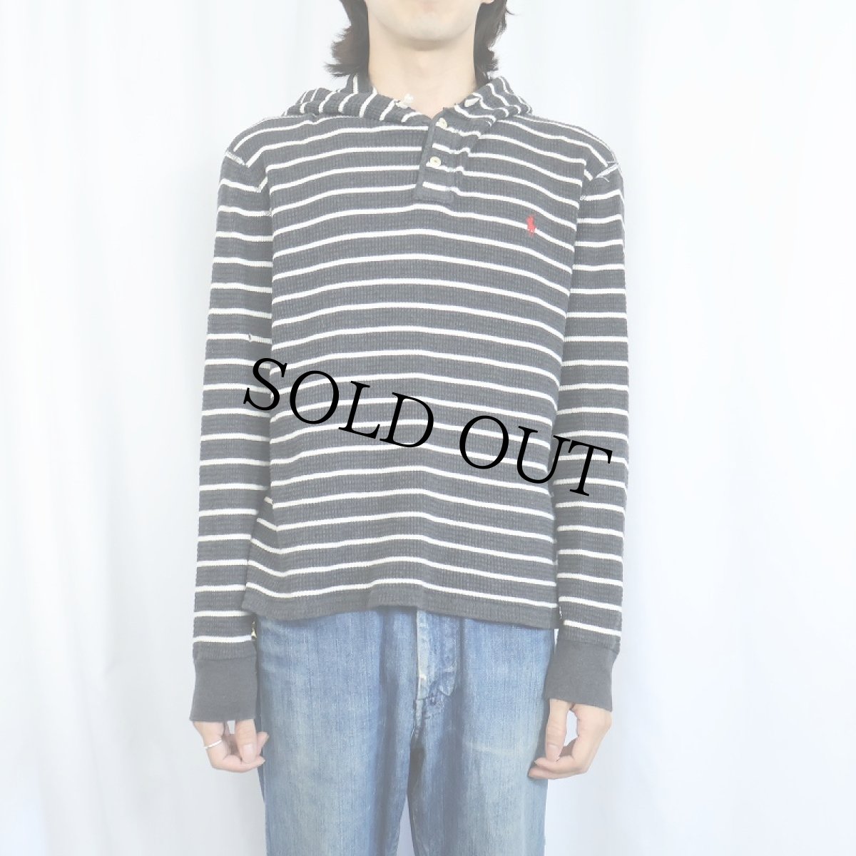 画像2: POLO Ralph Luren ボーダー柄 ヘンリーネック サーマルフーディー L (2)