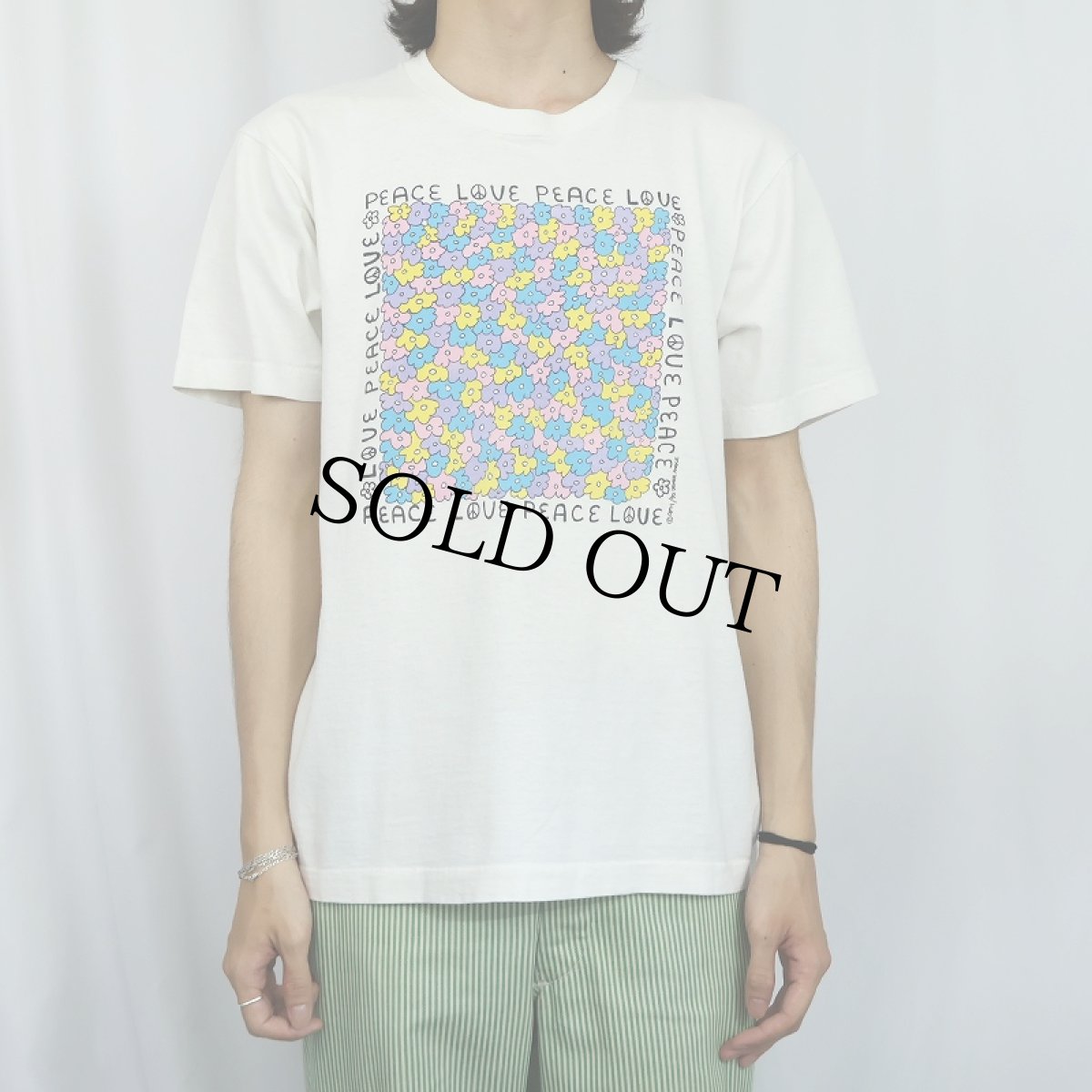 画像2: 90's DEGREE ANGLE USA製 "PEACE LOVE" フラワープリントTシャツ L (2)