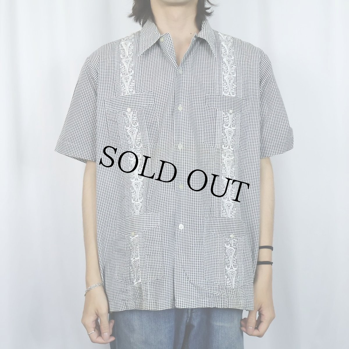 画像2: The GENUINE HABAND "GUAYABERA" ギンガムチェック柄 刺繍デザイン キューバシャツ L (2)
