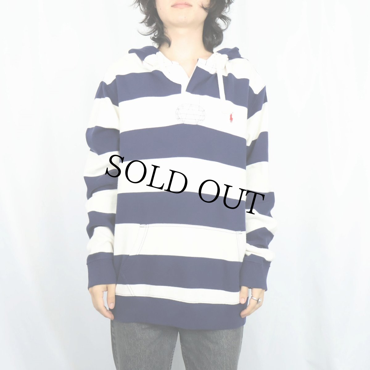 画像2: POLO Ralph Lauren ボーダー柄 フード付きラガーシャツ XL (2)