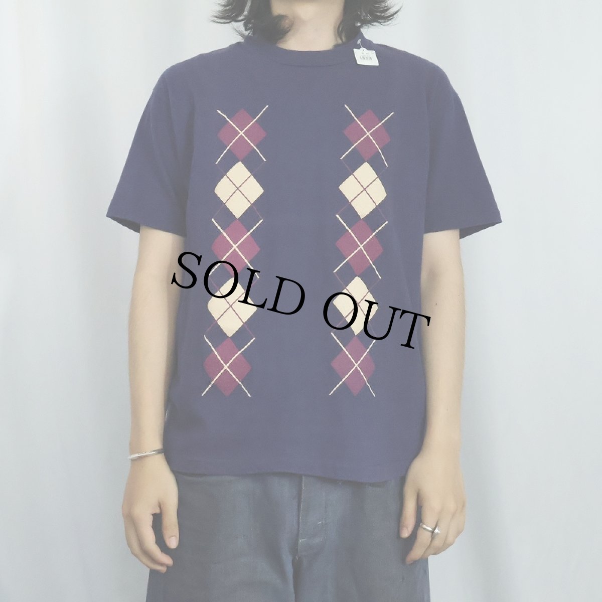 画像2: 90's USA製 アーガイル柄 プリントTシャツ NAVY XL (2)