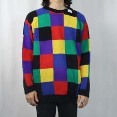 画像2: 90's YARN WORKS USA製 ブロックチェック柄 アクリルニットセーター L (2)
