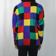 画像3: 90's YARN WORKS USA製 ブロックチェック柄 アクリルニットセーター L (3)