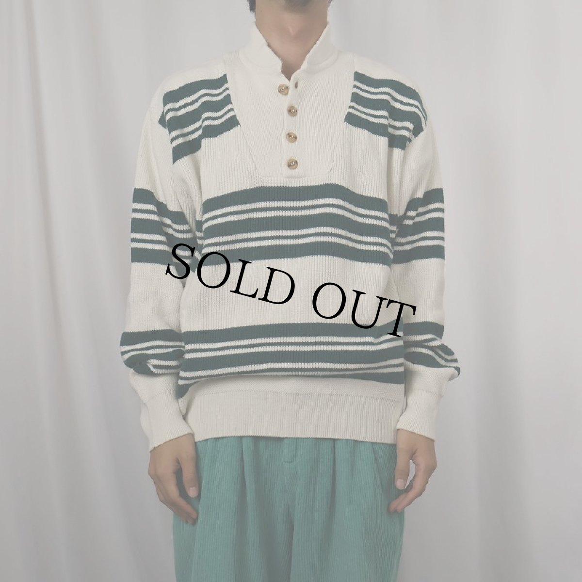 画像2: 80's Eddie Bauer ボーダー柄 ヘンリーネック コットンニットセーター L (2)