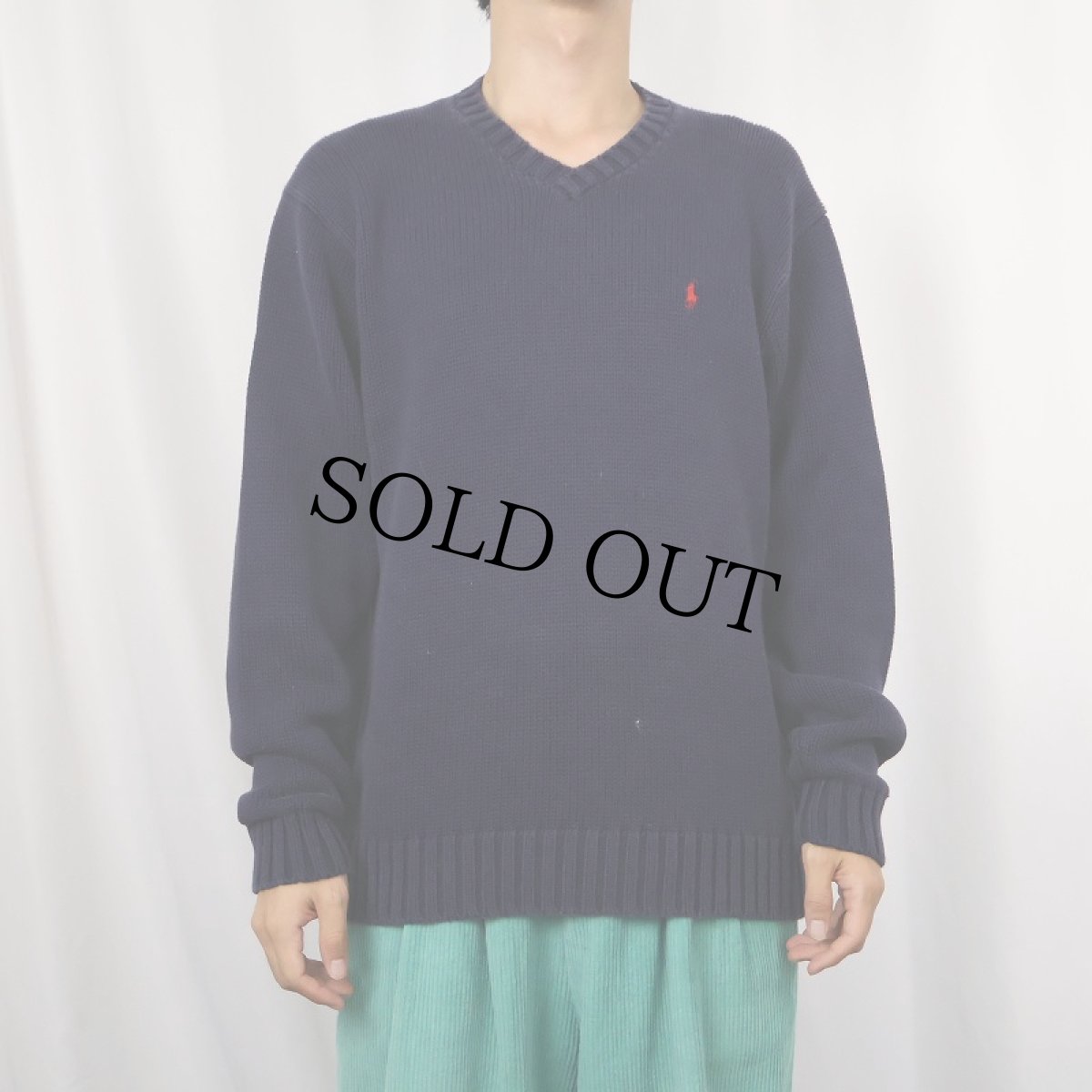 画像2: POLO Ralph Lauren ロゴ刺繍 Vネック コットンニットセーター NAVY M (2)