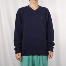 画像2: POLO Ralph Lauren ロゴ刺繍 Vネック コットンニットセーター NAVY M (2)