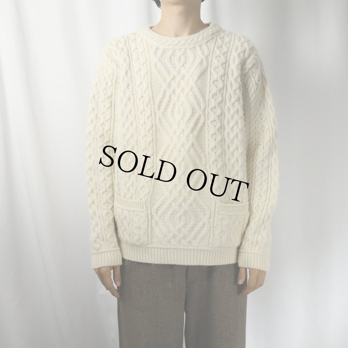 画像2: 80〜90's arancrafts IRELAND製 ポケット付き メリノウールアランニットセーター L (2)