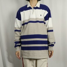 画像2: 90's POLO Ralph Lauren USA製 ロゴ刺繡 ボーダー柄 コットンラガーシャツ XL (2)
