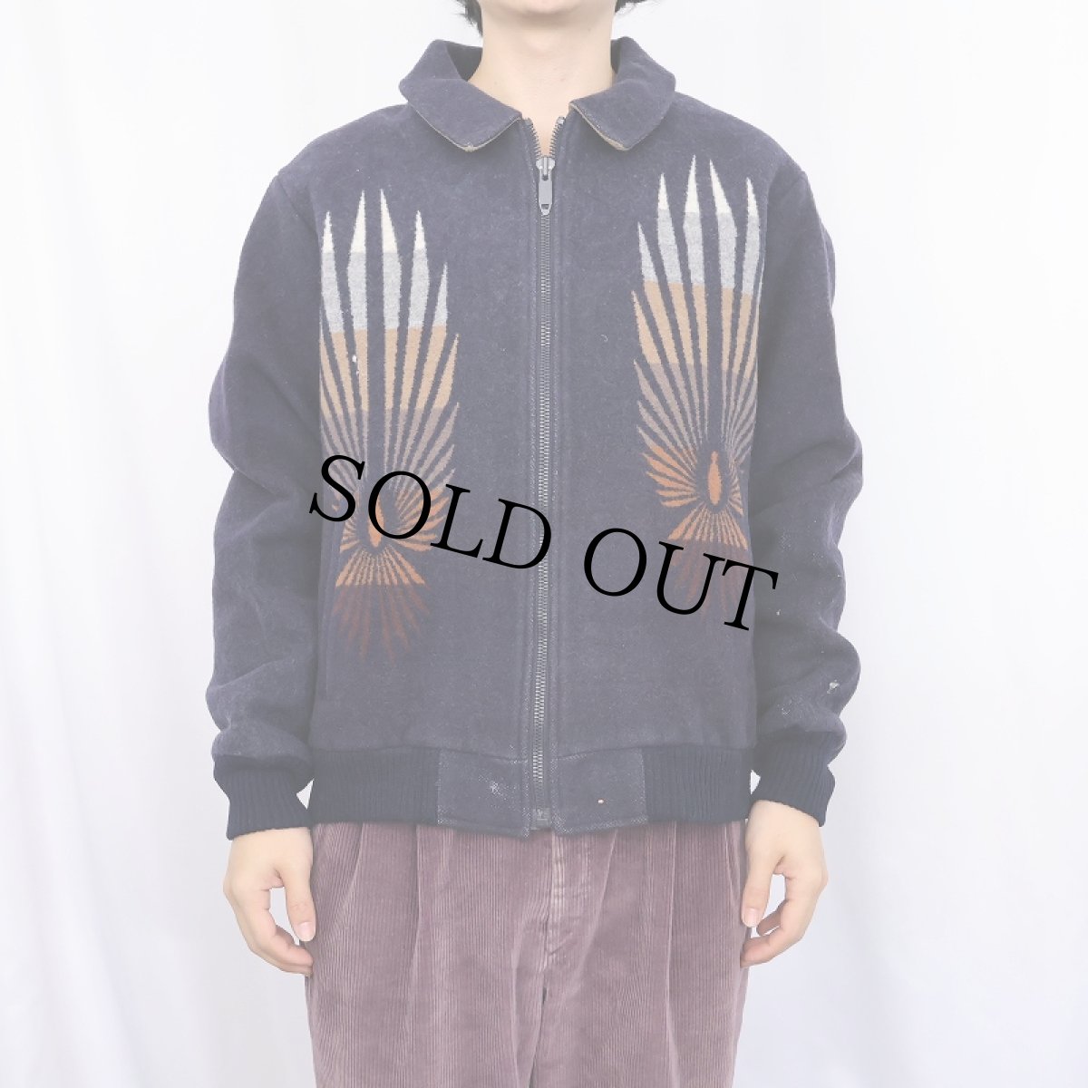 画像2: 80's Beaver State PENDLETON USA製 ネイティブ柄 ウールジップジャケット NAVY L (2)