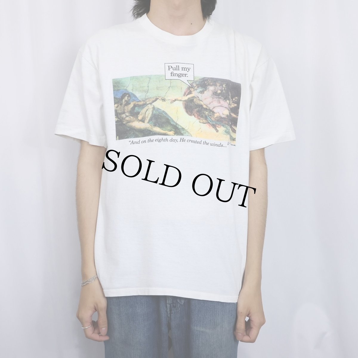 画像2: 90's Michelangelo アダムの創造 USA製 "Pull my finger." パロディプリントTシャツ L (2)