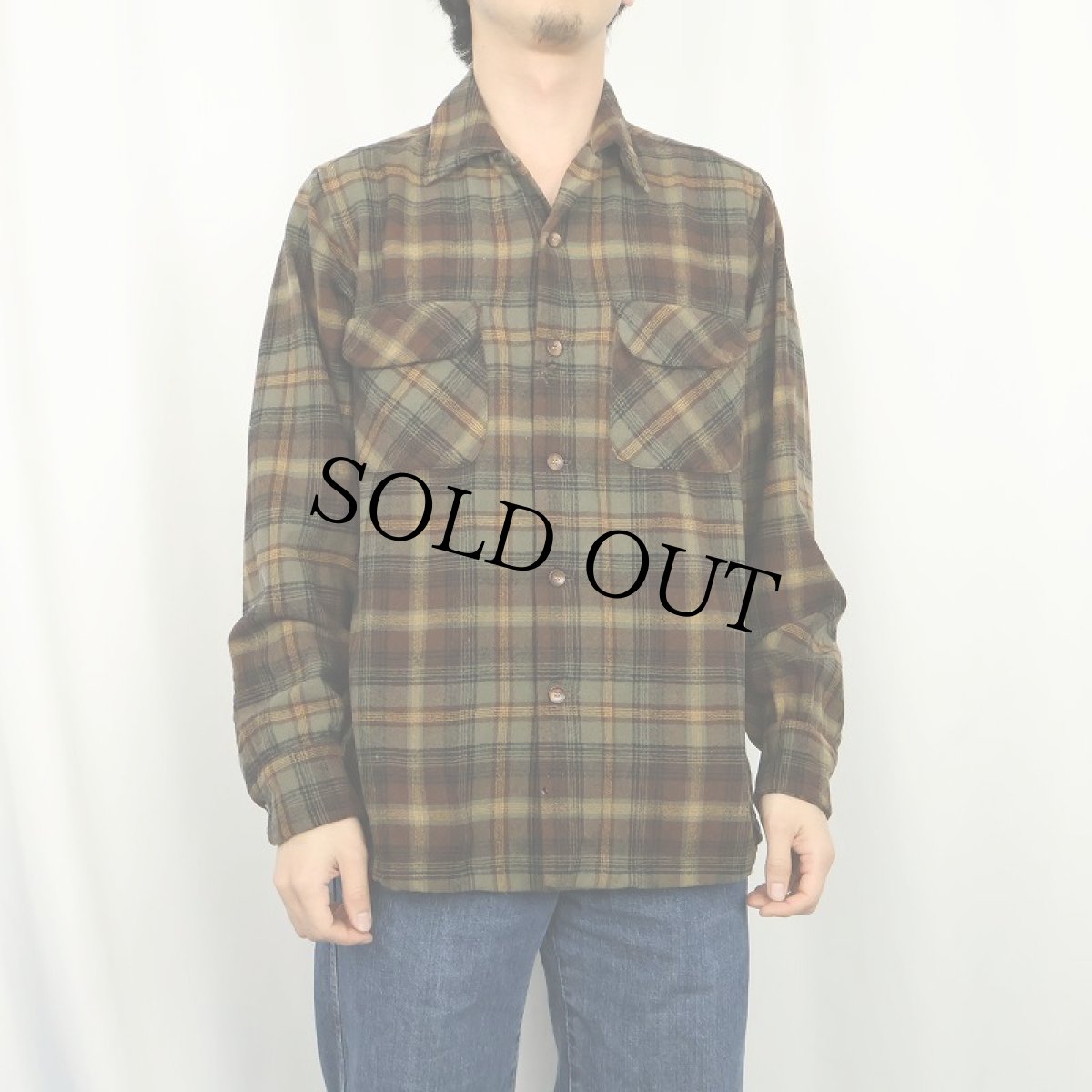 画像2: 50's PENDLETON チェック柄 ウールオープンカラーシャツ M (2)