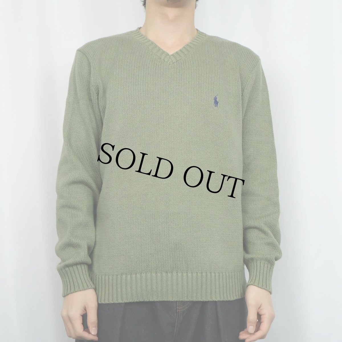 画像2: POLO Ralph Lauren ロゴ刺繍 Vネック コットンニットセーター L (2)