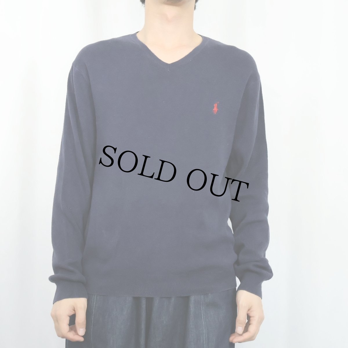 画像2: POLO Ralph Lauren ロゴ刺繍 "PIMA COTTON" Vネック コットンニットセーター NAVY M (2)