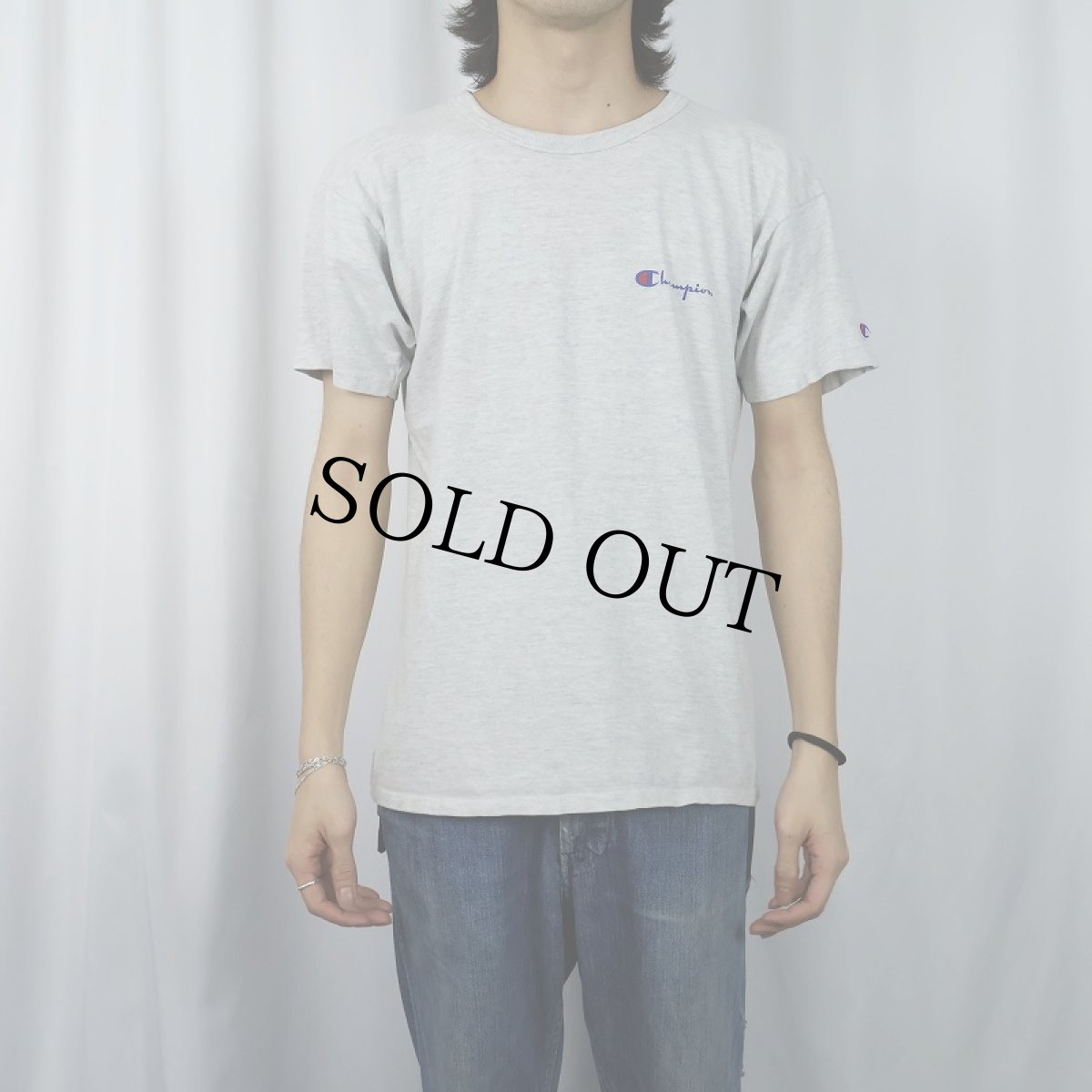 画像2: 80〜90's Champion USA製 青刺繍タグ 中期 ロゴプリントTシャツ L  (2)