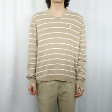 画像2: POLO Ralph Lauren ロゴ刺繍 ボーダー柄 Vネック ピマコットン ニットセーター L (2)