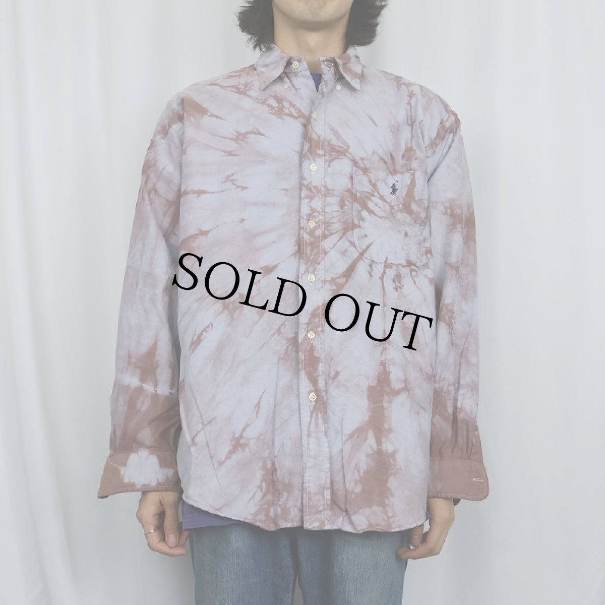 画像2: Ralph Lauren "BIG SHIRT" ロゴ刺繍 タイダイ染め コットンボタンダウンシャツ M (2)