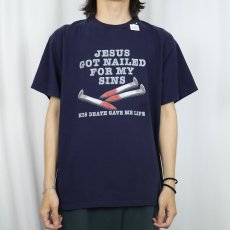 画像2: 90's "JESUS GOT NAILED FOR MY SINS" ジーザスプリントTシャツ NAVY L (2)