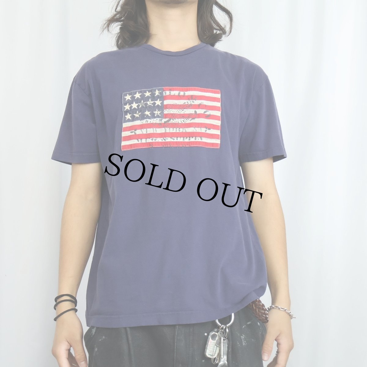 画像2: 90's POLO Ralph Lauren 星条旗パッチ付き Tシャツ NAVY S (2)