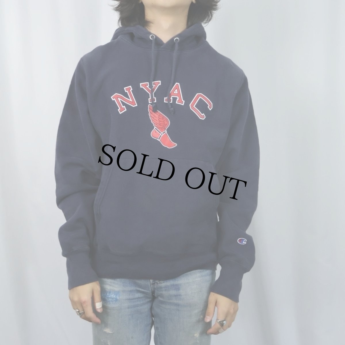 画像2: Champion REVERSE WEAVE "NYAC" ウイングフット プリントスウェットフーディー NAVY S (2)