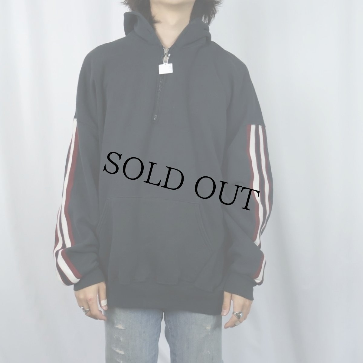 画像2: 90's RUSSELL ATHLETIC USA製 サイドライン ハーフジップスウェットフーディー BLACK XXL (2)