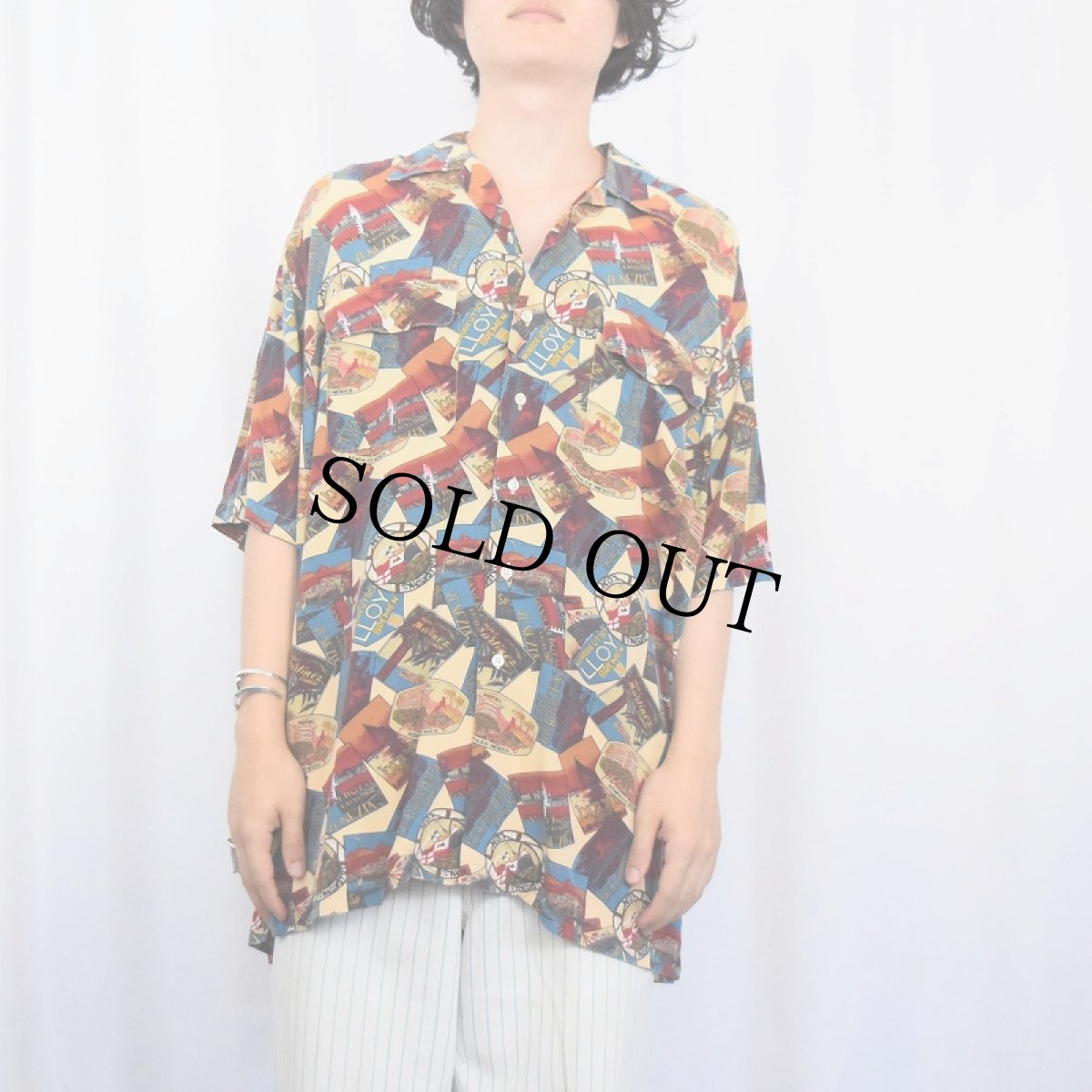 画像2: 90's POLO Ralph Lauren 総柄 レーヨンオープンカラーシャツ L (2)