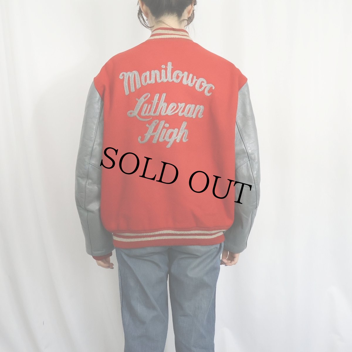 画像3: 70〜80's DeLong USA製 "Manitowoc Lutheran High" チェーン刺繍 パッチ付き キルティングライナー ウール×レザースタジャン (3)