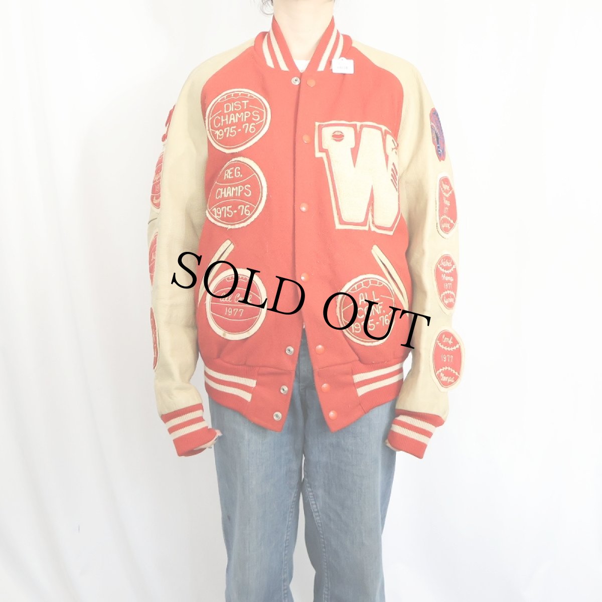 画像2: 70〜80's Holloway ワッペン付き ウール×レザースタジャン 44 (2)