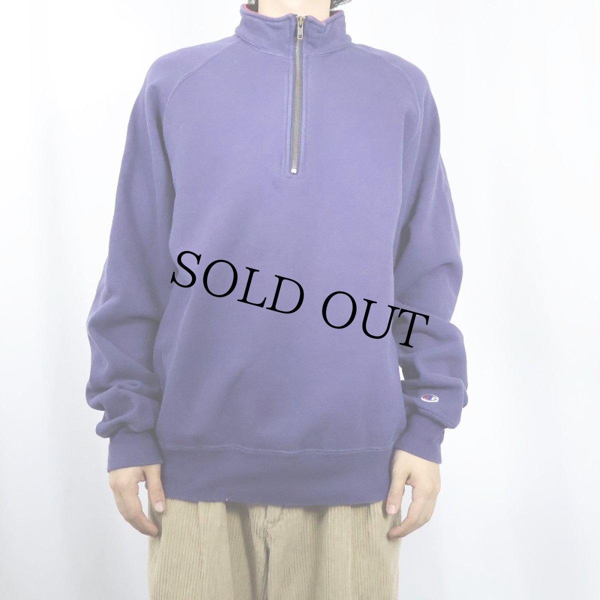 画像2: 80〜90's Champion 青刺繍タグ 中期 USA製 ハーフジップ 無地スウェット XL (2)