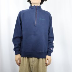 画像2: 80〜90's Champion 青刺繍タグ 中期 USA製 ロゴ刺繍 ハーフジップスウェット NAVY M (2)