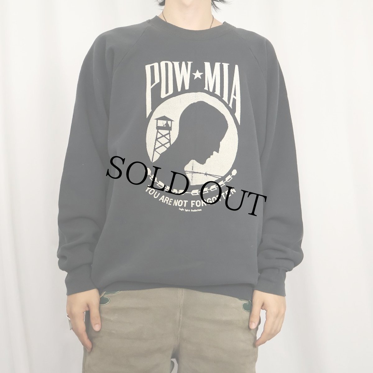 画像2: 90's USA製 "POW MIA" 兵士追悼プリントラグランスウェット BLACK XL (2)