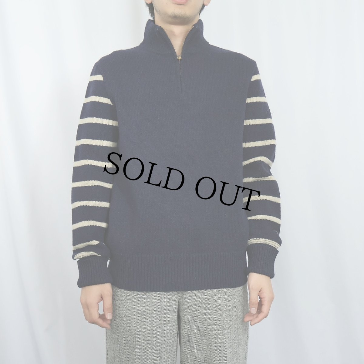 画像2: Ralph Lauren RRL ボーダーデザイン ハーフジップウールニットセーター M (2)