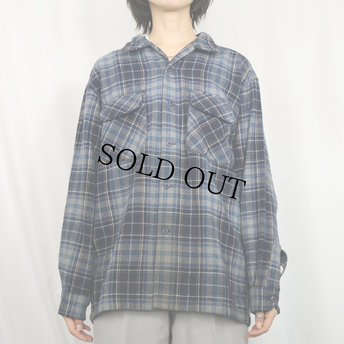 画像2: 90's PENDLETON チェック柄 ウールオープンカラーシャツ L (2)