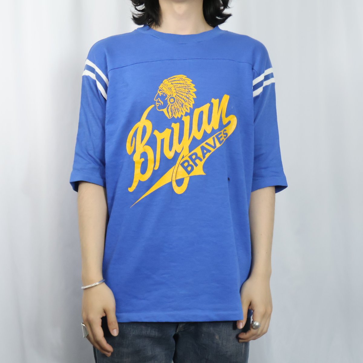 画像2: 70〜80's ARTEX USA製 "Bryan BRAVES" プリントフットボールTシャツ L (2)
