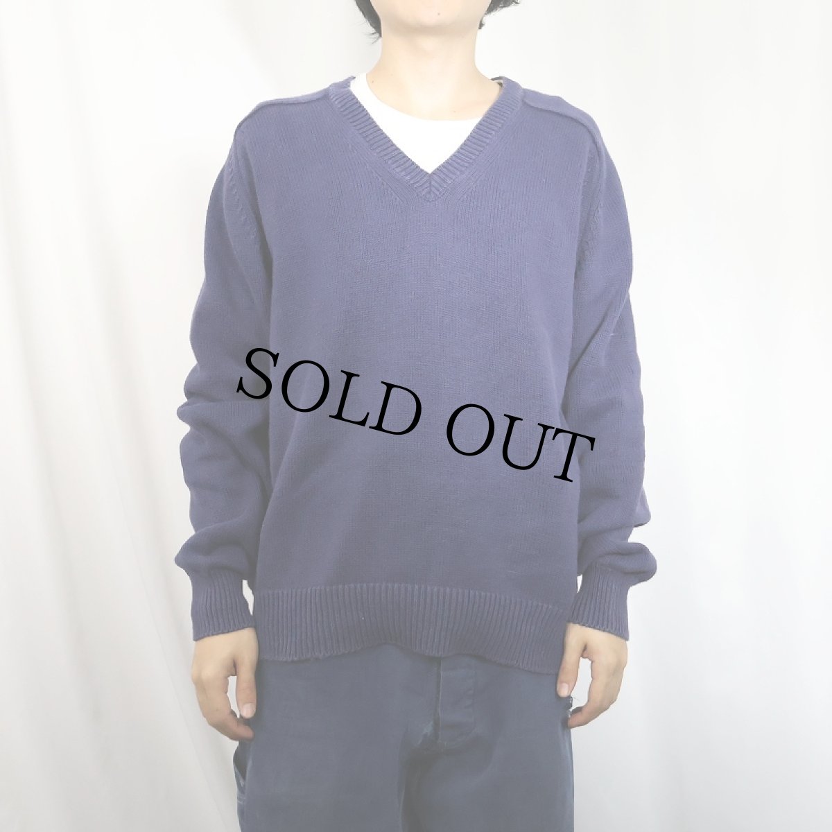 画像2: 90's LANDS' END USA製 Vネック コットンニットセーター NAVY L  (2)