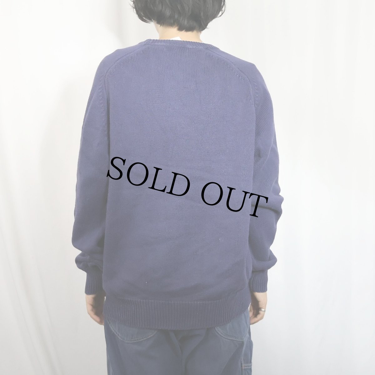 画像3: 90's LANDS' END USA製 Vネック コットンニットセーター NAVY L  (3)