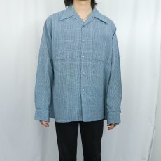 画像2: 60〜70's DAVINCI 千鳥格子柄 ポリエステル×レーヨン オープンカラーシャツ L (2)
