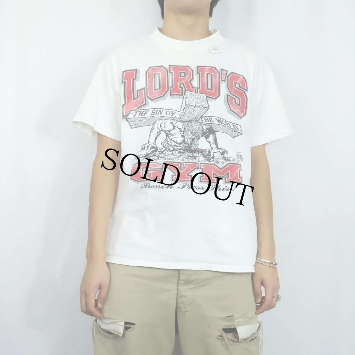画像2: 90's LORD'S GYM "HIS PAIN YOUR GAIN" ジーザスパロディ プリントTシャツ (2)