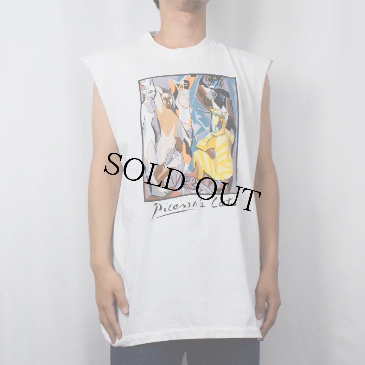 画像2: 90's Pablo Picasso USA製 "Picasso's cat" アートプリント カットオフスリーブTシャツ XL (2)